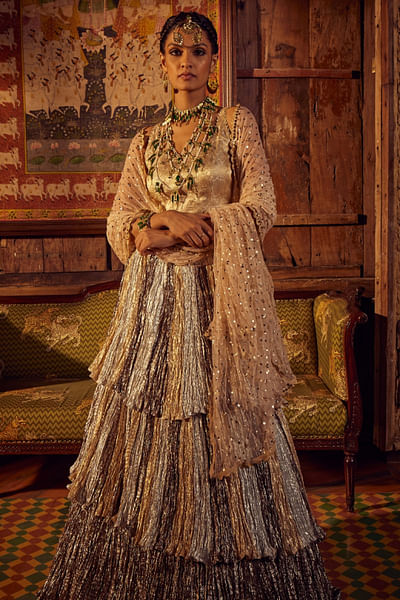 Metallic silver gunmetal textured lehenga set