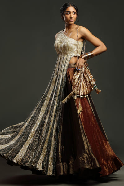 Metallic one-shoulder anarkali lehenga set