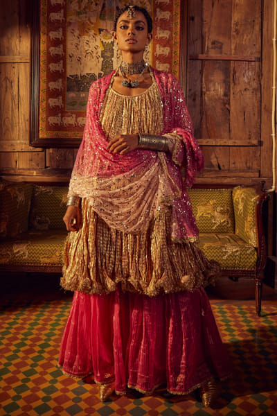 Fuchsia striped tissue sharara set