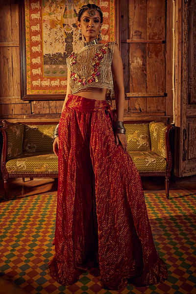 Gold striped tissue palazzo and crochet top