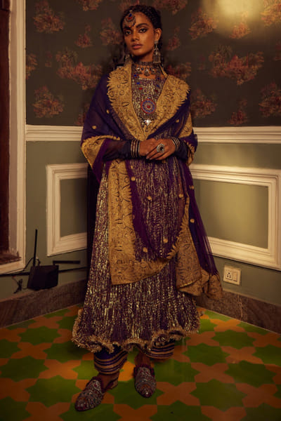 Purple metallic textured anarkali set