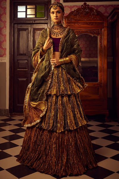 Teal and gold metallic textured lehenga set