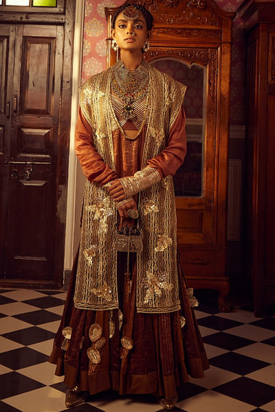 Coffee striped sharara and crochet jacket set