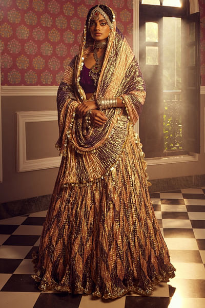 Purple and pink chevron textured lehenga set