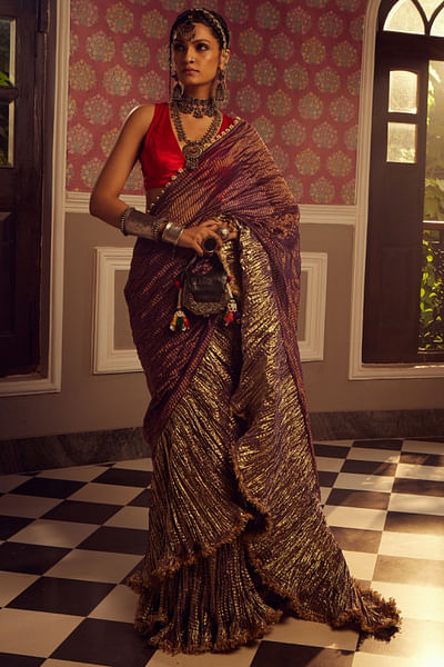 Purple and gold stripe textured drape sari set