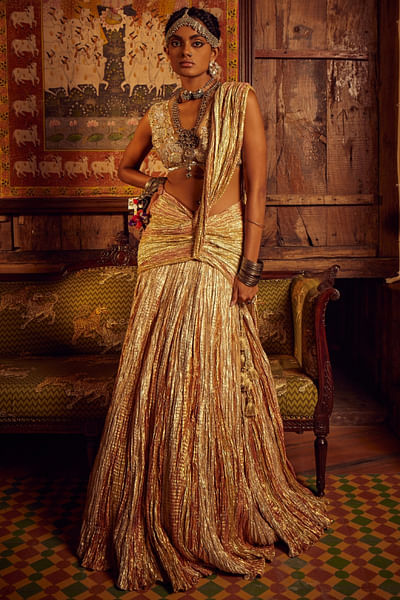 Pink metallic textured draped lehenga sari set