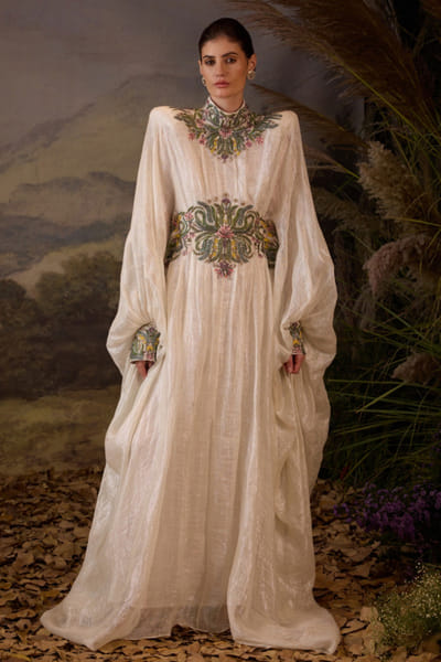 Off white embroidered cape gown