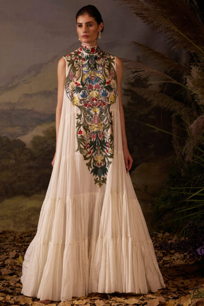 Off white embroidered high neck maxi dress