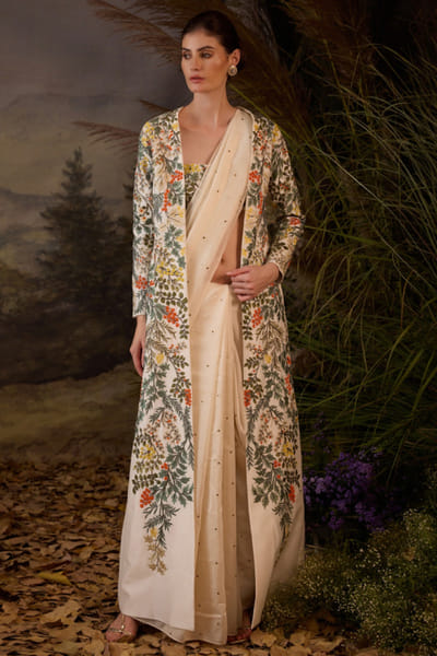 Off white embroidered sari jacket set