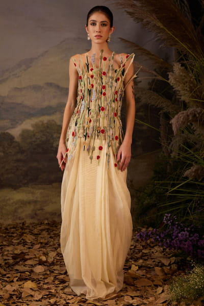 Off white embroidered corset dhoti skirt set