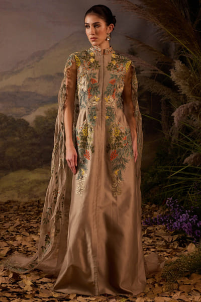 Grey embroidered cape gown