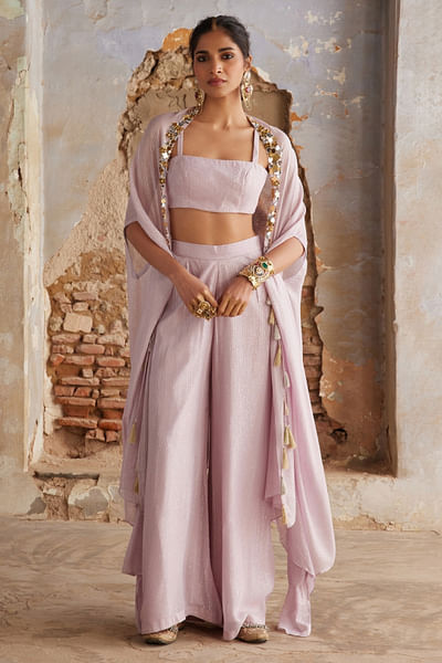 Mauve mirror embellished cape set