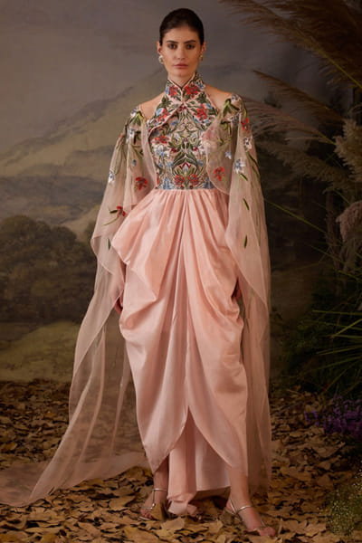 Pink embroidered halter cape gown