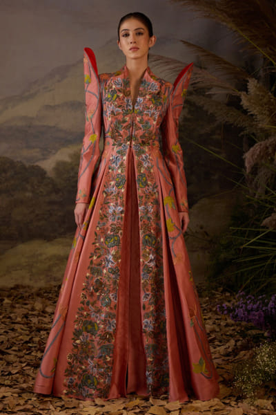 Peach embroidered long jacket gown