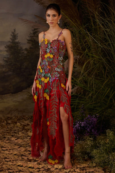 Samant Chauhan Red embroidered off shoulder gown SAMFEB26D139632