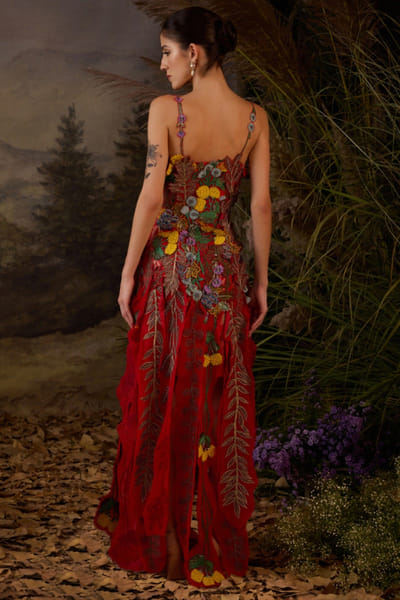 Samant Chauhan Red embroidered off shoulder gown SAMFEB26D139632