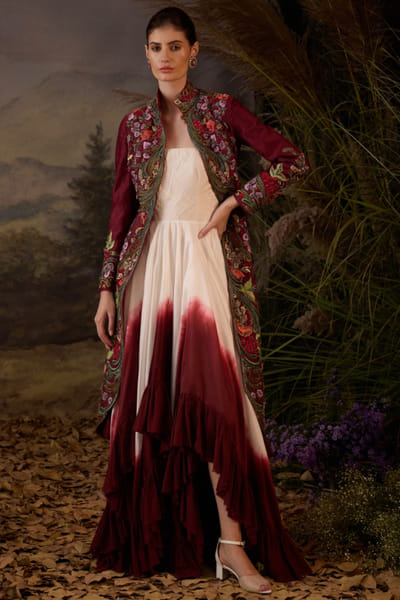 Maroon embroidered jacket and dress