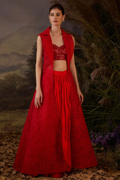 Red embroidered jacket and dhoti set