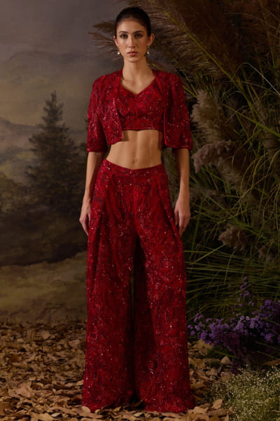 Red embroidered co-ord set