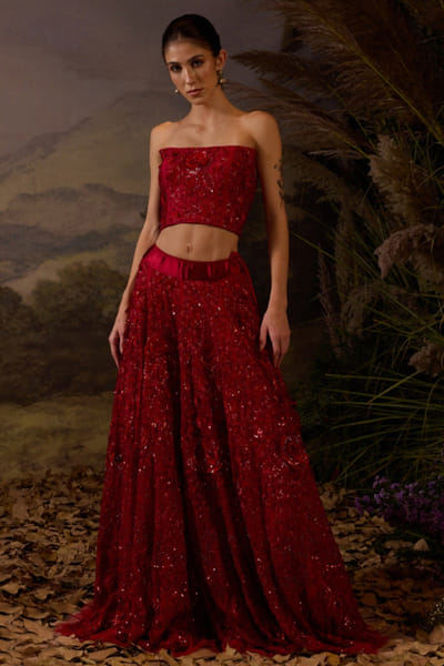 Samant Chauhan Red zardozi embroidered skirt set SAMFEB26D139642