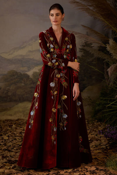 Maroon embroidered gown and jacket