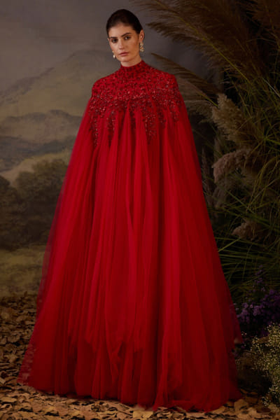 Red tonal embroidered kaftan dress