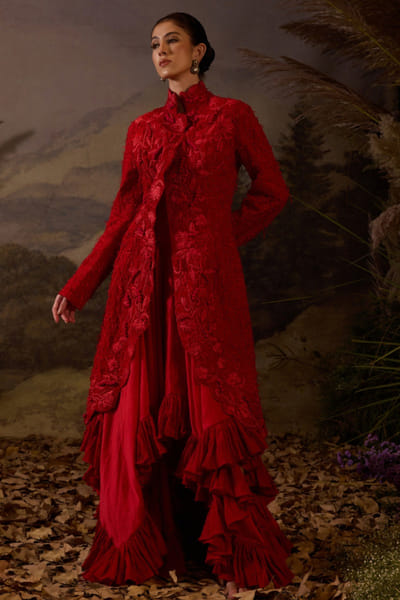 Red bustier ruffle dress and jacket