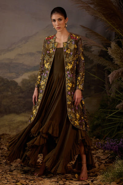 Olive embroidered jacket and ruffle dress