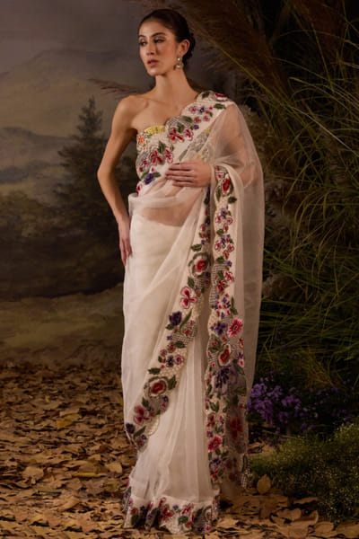 Off white beaded embroidered sari set