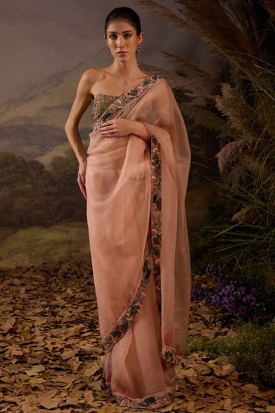 Pink embroidered organza sari set