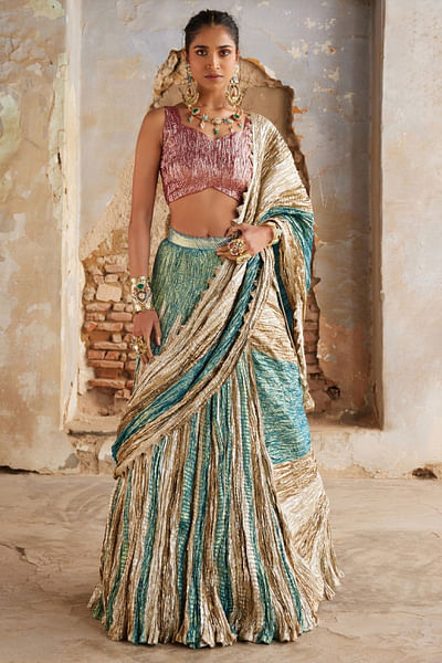Turquoise textured lehenga set