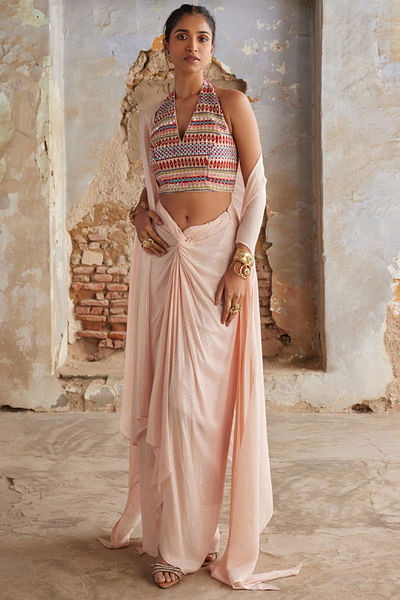 Baby pink draped skirt set