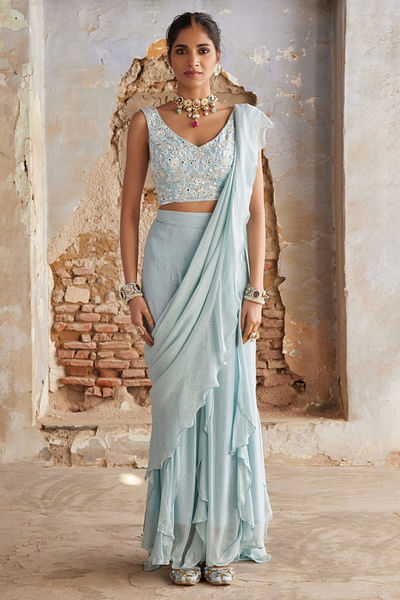 Ice blue pre-draped ruffle sari set