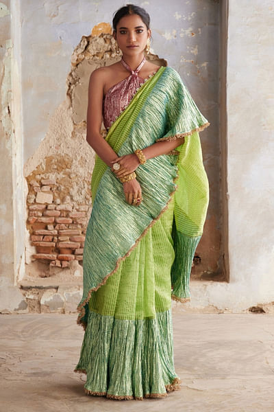 Lime green textured sari set