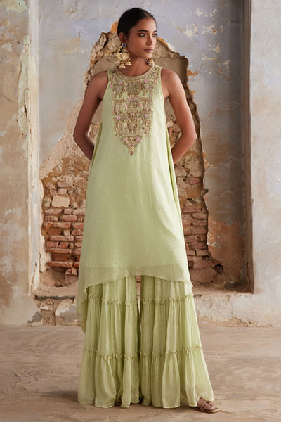 Mint green zardozi embroidered kurta set