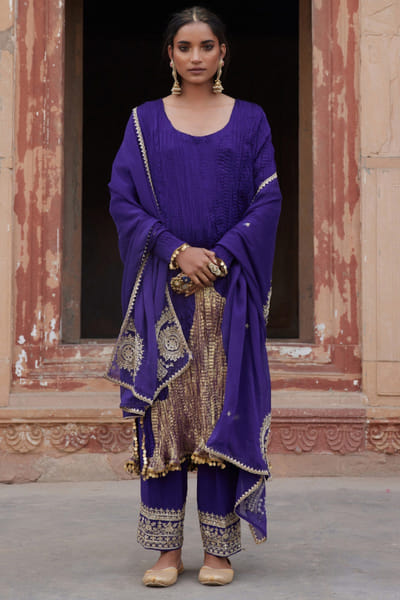 Purple textured kurta set
