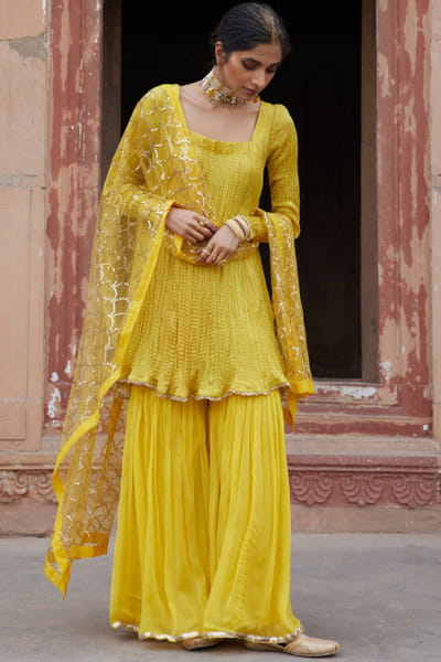 Yellow textured kurta set