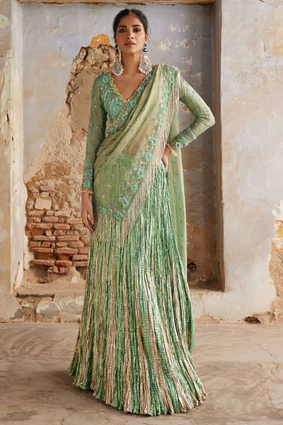 Sea green textured drape lehenga sari set