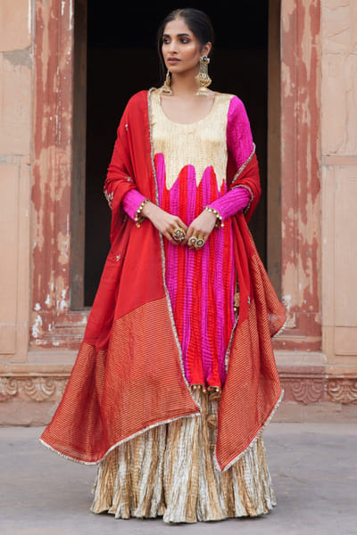 Fuchsia textured kurta set