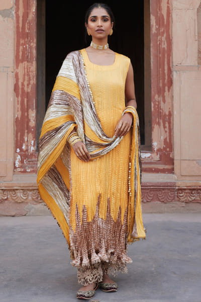 Mango yellow textured kurta set