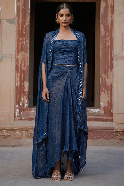 Navy blue draped skirt set