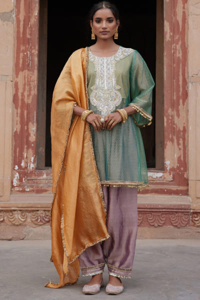 Sea green mesh kurta set