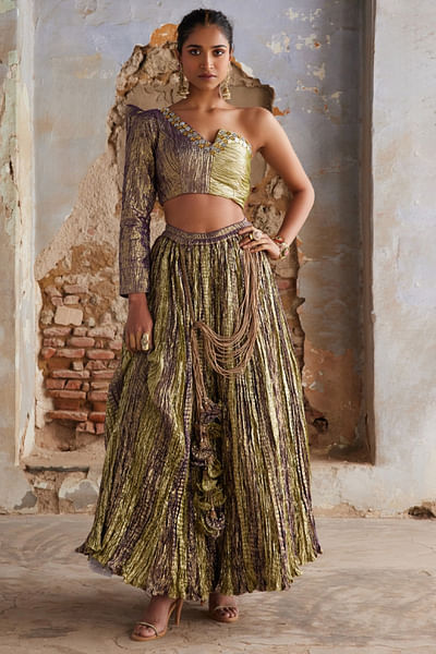 Lime green textured skirt and top