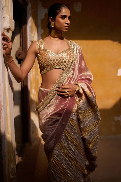 Salmon pink zardozi embroidered sari set
