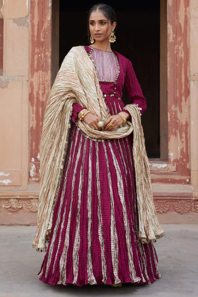 Magenta metallic textured jacket lehenga set