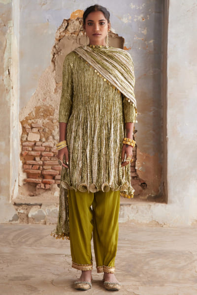Lime green textured kurta set
