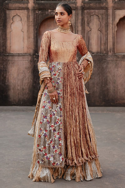 Gold metallic textured anarkali set