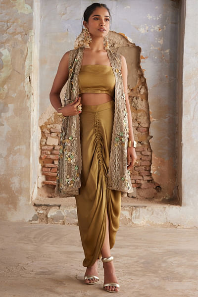 Coffee and gold draped skirt set