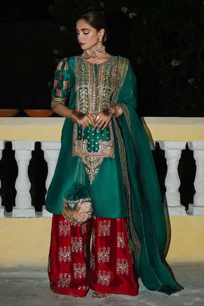 Green sequin embroidered kurta set