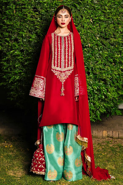 Red dabka embroidered kurta set